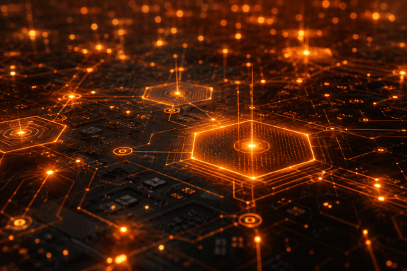 Glowing circuit-board graphic representing agentic AI chip design